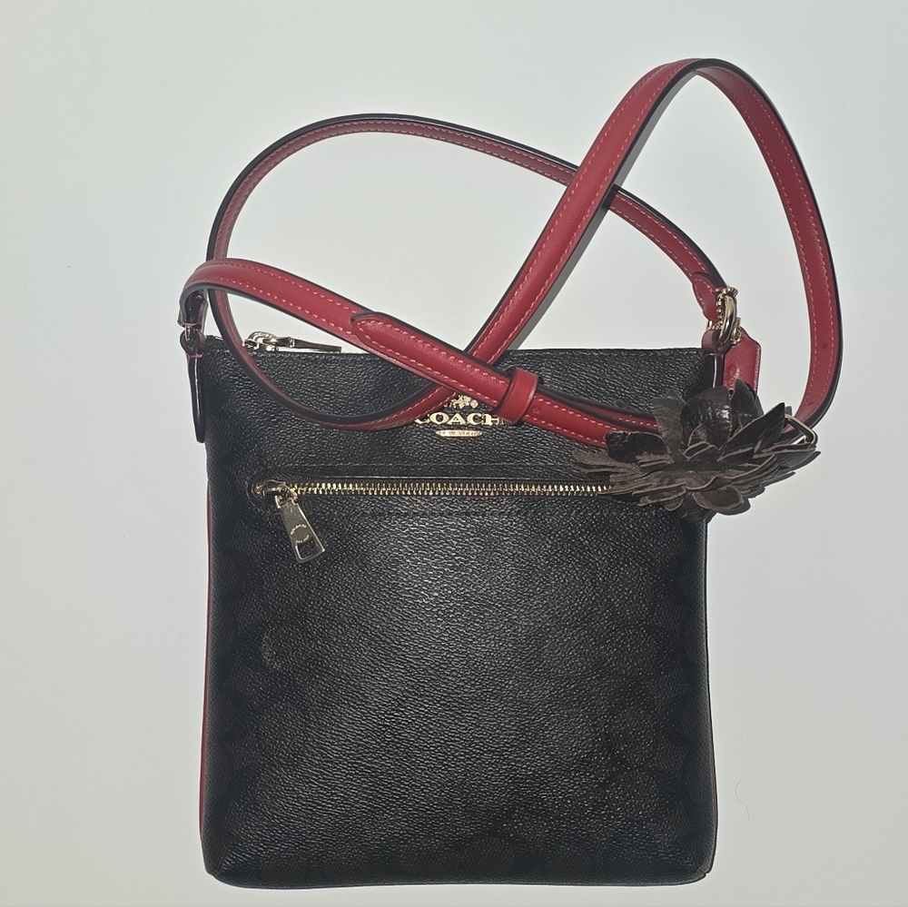 COACH Mini Rowan File Bag In Signature Walnut/Red Color
